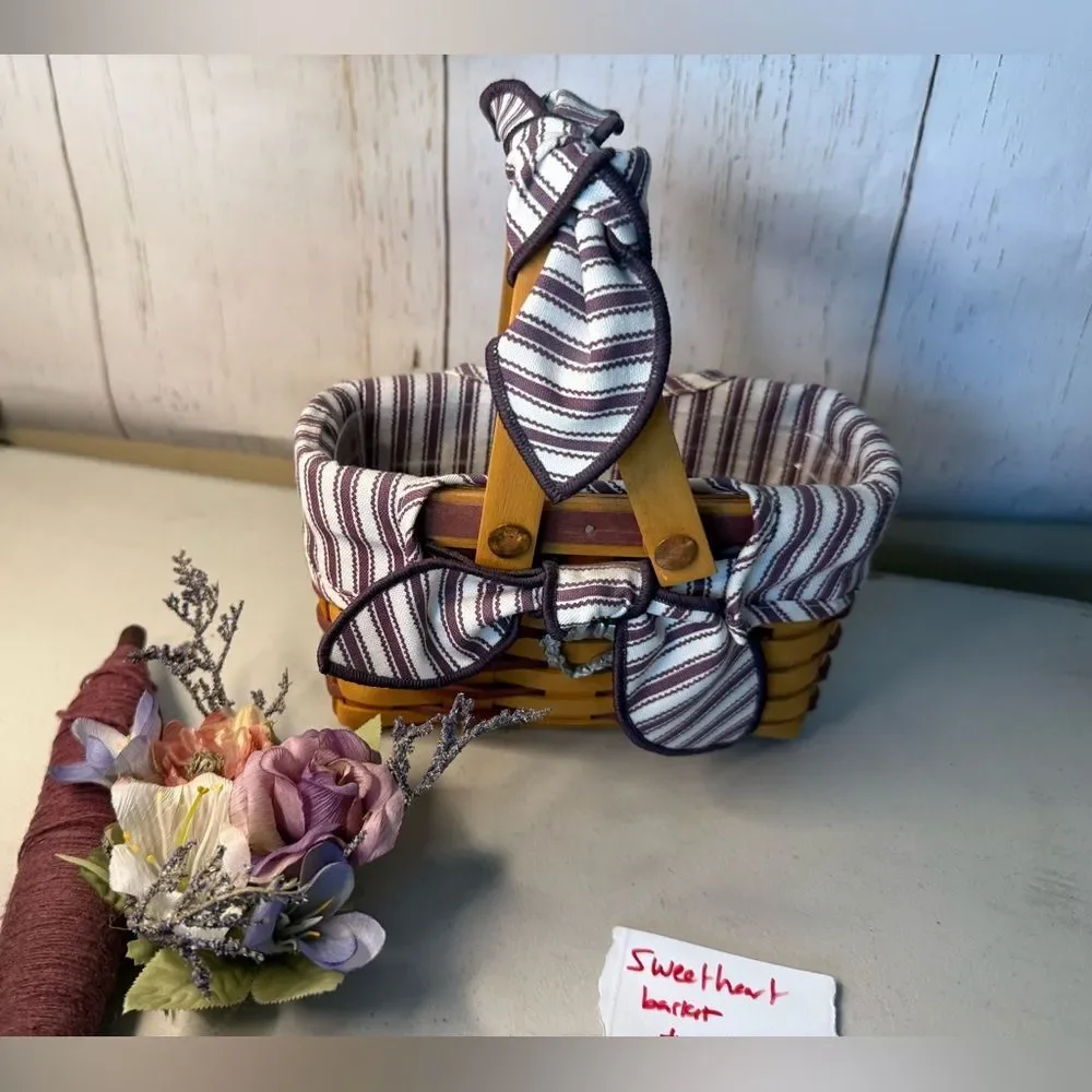 1998 Longaberger Basket with Plaid Liner Charm Ties Sweetheart Basket contents